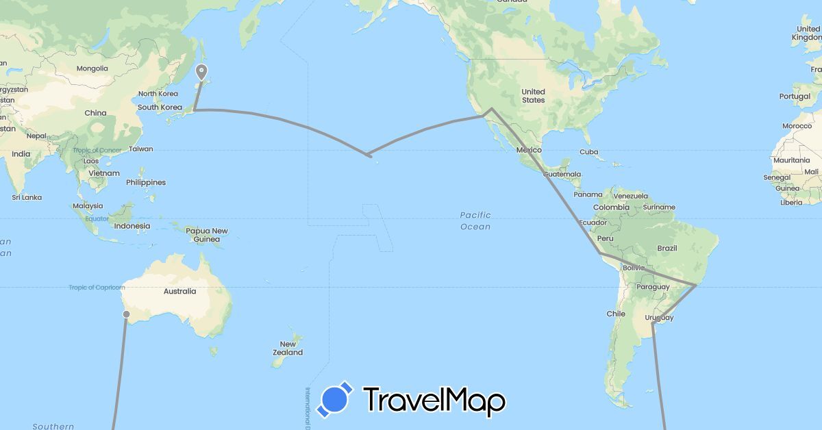 TravelMap itinerary: driving, plane in Argentina, Australia, Brazil, Japan, Peru, United States, Uruguay (Asia, North America, Oceania, South America)